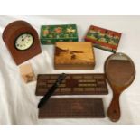 A treen selection to include 2 x painted Indian boxes, marquetry inlaid box, 2 x cribbage marker