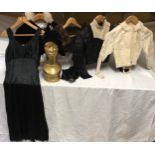 A costume selection to include a black silk and cream lace Victorian high necked and long sleeve