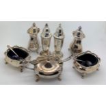 Five piece silver cruet set Birmingham 1959/1960 with blue glass liners together with 2 x