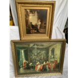 Two gilt frame prints. F M Bennett, Cardinals in music room, 59 h x 77cm w and a print after