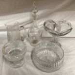 A glass ware selection to include cut glass pedestal dish, cut glass decanter, bowl 19cm d, etched