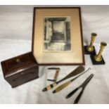 Miscellany to include: boxwood tea caddy 15 w x 10 d x 12cm h, framed CE Bartlett print ? The