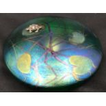 A Glasform J Ditchfield iridescent blue/green paperweight with hallmarked silver frog to the top and