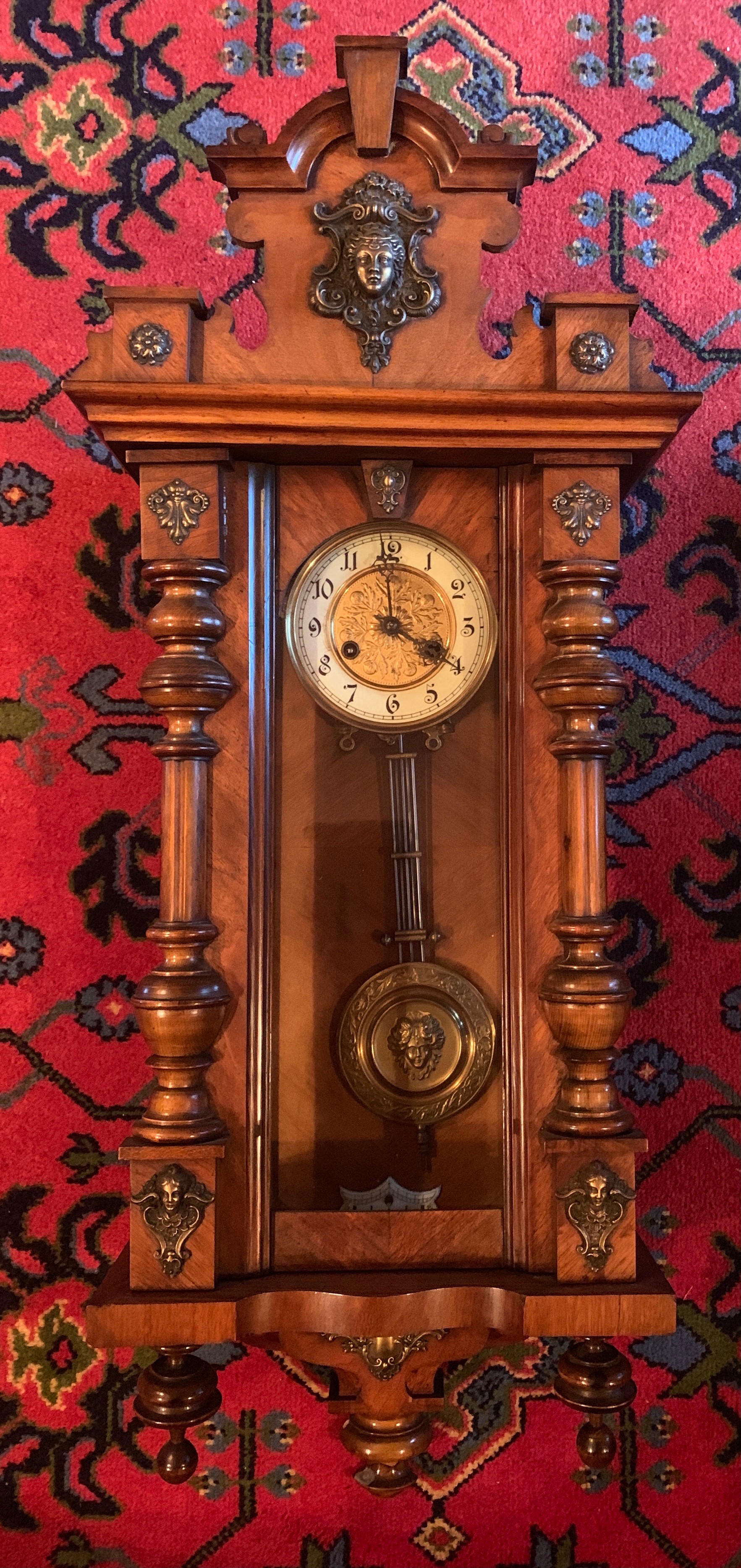 A Victorian walnut chiming wall clock with gilt and enamel dial. 100cm.Condition ReportGood