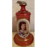 Good quality cranberry and milk glass, base with fine painting of a lady. 21cm h.Condition