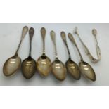 Six silver teaspoons and sugar tongs. Total weight 85gm. Birmingham 1896.Condition ReportGood