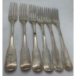 Six silver table forks, 3 x London 1806 maker T.B, 3 x Dublin 1819 maker I.S. Total weight 418.6gm.