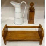 A mixed lot to include enamel white jug with gold decoration 39cm h, wooden candle box with metal