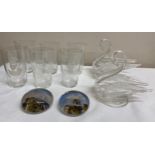 Glass to include 2 x 19thC glass swans, 6 x tumblers etched with Churchill, Montgomery, De Gaulle,