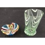 Nailsea type drinking glass, green and white 10.5cm h and a multi coloured glass dish 9cm w.