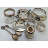 Hallmarked silver to include two napkin rings, twin handles dish, plate etc together with with two