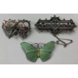 Three silver brooches to include sterling silver and enamel butterfly, Mizpah brooch Birmingham 1902