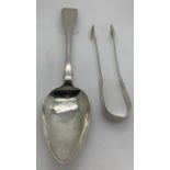 Georgian silver serving spoon London 1815 Sarah & John William Blake and sugar tongs 1817 maker Geor