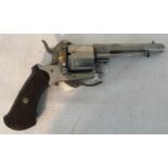 Pinfire revolver, octagonal barrel with ramrod fitted below, six shot chamber, plated finish, wooden