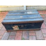 A vintage metal and wood travelling trunk. 90 x 62 x 33cm h.
