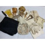 A selection of late 19thC/early 20thC leather gloves, hair slides, 2 beaded bags, 2 nail buffers