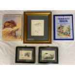 A mixed lot to include 2 framed prints of birds by A. Thorburn 85 x 12.5cm, a hand drawn pencil