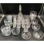 Glass ware selection to include cut glass decanter, various glasses in same design and a selection