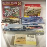 Model kits, Airfix A04204 Bismarck, 02071 Fairey Swordfish, A91030 Messerscmitt Me262A, Hadfields