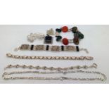 Silver and white metal jewellery to include moss agate bracelet, pendant, brooch etc.