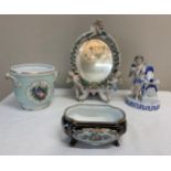 Various Continental ceramics to include mirror with putti, cherub with bow, dish and a Portuguese