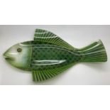 Maurice Heaton (1900 - 1990) fish-shaped enamelled glass dish signed M.H. to top rim. Green and