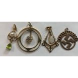 Four various 9ct pendants to include opal, pearl etc. 6.2gm.Condition ReportGood condition.