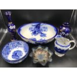 Blue and white pottery and glassware to include 2 pieces of Bohemian glass floral painted vases,