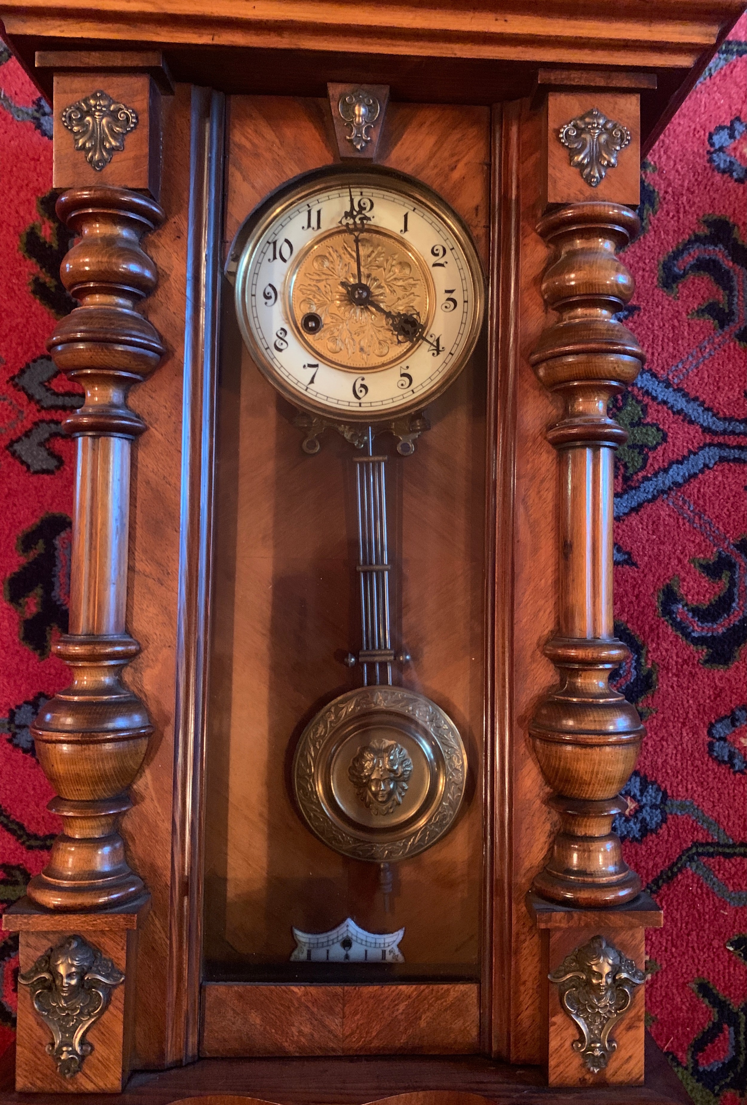 A Victorian walnut chiming wall clock with gilt and enamel dial. 100cm.Condition ReportGood - Image 2 of 3