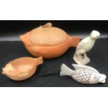 Pottery casserole dish in the form of a fish with sauce jug dish, approx 32cm l, jug 18cm l together