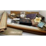 Miscellany to include slide rules, amethyst crystal bed, a vintage ring box and ring, Chinese