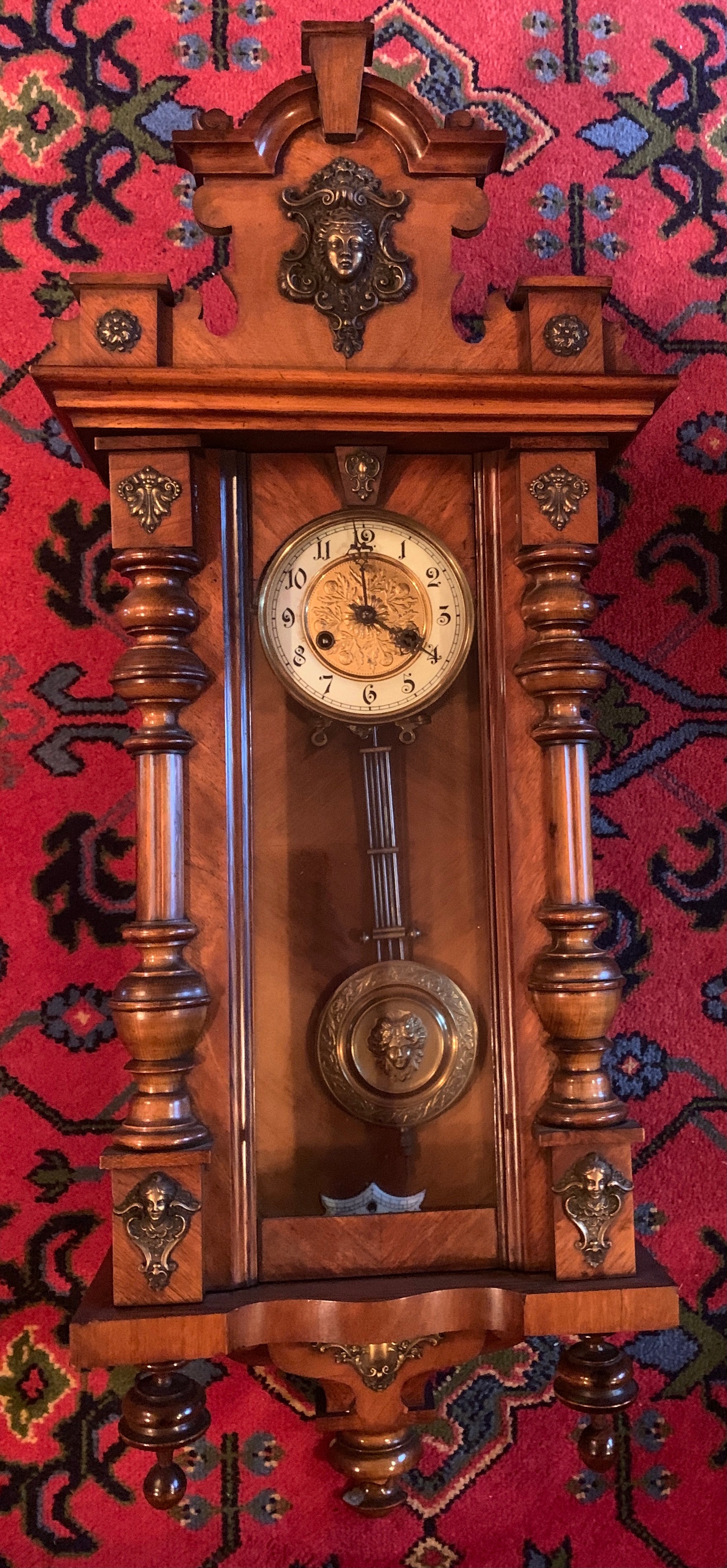 A Victorian walnut chiming wall clock with gilt and enamel dial. 100cm.Condition ReportGood - Image 3 of 3
