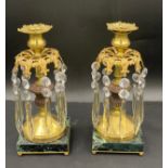 A pair of good quality brass glass lustre drop candlesticks on marble bases. 26cm h.Condition