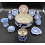 A collection of Wedgwood Jasper ware to include lilac "Mother 1981" 16.5cm plate, 2 x blue dishes of