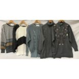 Five Escada 1980's knitted jumpers and cardigans in grey tones with detailing. Sizes from left to