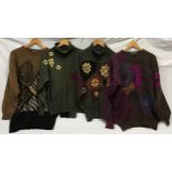 Four Escada 1980's knitted jumpers in green and brown tones and colour inserts. sizes from left to