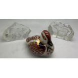 Two Mats Jonasson glass sculptures, one polar bear, one pig together with a Royal Crown Derby duck