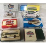 Corgi diecast model buses, double deckers and coaches and a street car including 35006 Beatles