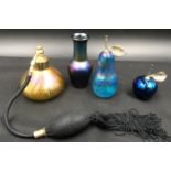 A collection of Andre Zach Glasform to include gold atomizer scent bottle 10cm. small purple/blue