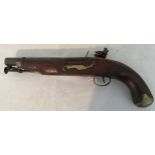 Flintlock pistol with round 8.5'' barrel, fitted steel ramrod on swivel, brass furniture, brass grip