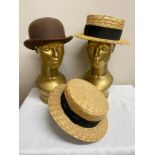 Three vintage hats to include a Dunn & Co size 7 1/4 brown bowler hat and two straw boaters by The