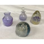 Four glass items to include 2 x paperweights, one Caithness splashdown and two vases, one with