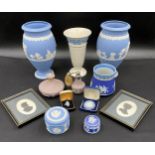 A selection of Wedgwood Jasper ware to include a pair of vases 20cm h, 3 lidded trinket pots, jar,