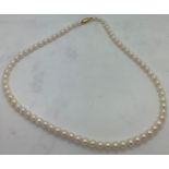 Single strand of cultured pearls with 9ct clasp. 37cm l.