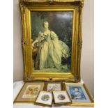 Prints etc to include large French print, ceramic plaques marked ? Fragonard? in frames 15.5 x 15.
