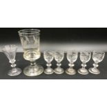 Early 19thC glassware to include 5x small berry and leaf etching 8cm h, one cut glass flute 10cm h