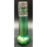 An art nouveau lustre green glass vase with decorative metal top. 16cm h x approx. 5.5cm w.Condition