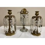 Three brass and glass lustres. One electric lamp 25cm h to fitting and a pair of candlesticks 22cm