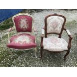 Two floral upholstered armchairs. One white and gilt framed with wool work seat and back . Ht to