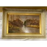 An oil on canvas of river and woodland scene. Artist unknown. 34.5 x 59.5cm.Condition